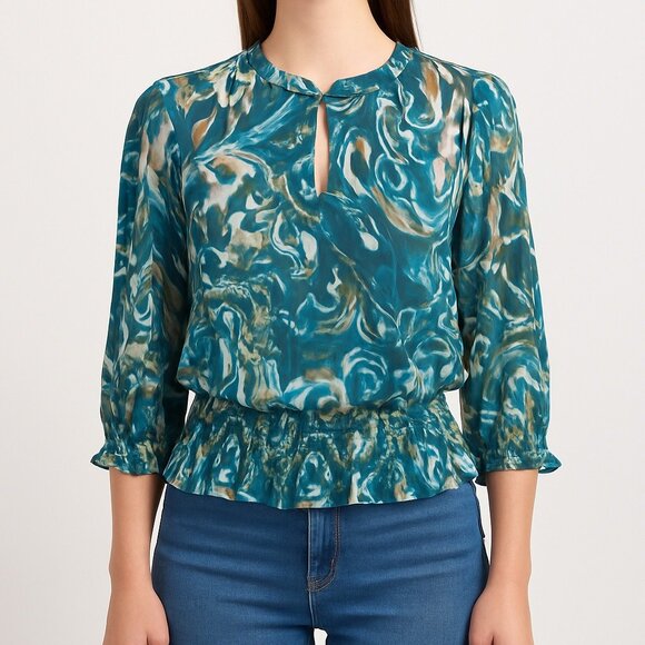 Womens PL Blue Green Sheer Blouse Ruffle Hem Smocked Boho Lightweight Top - Picture 2 of 15